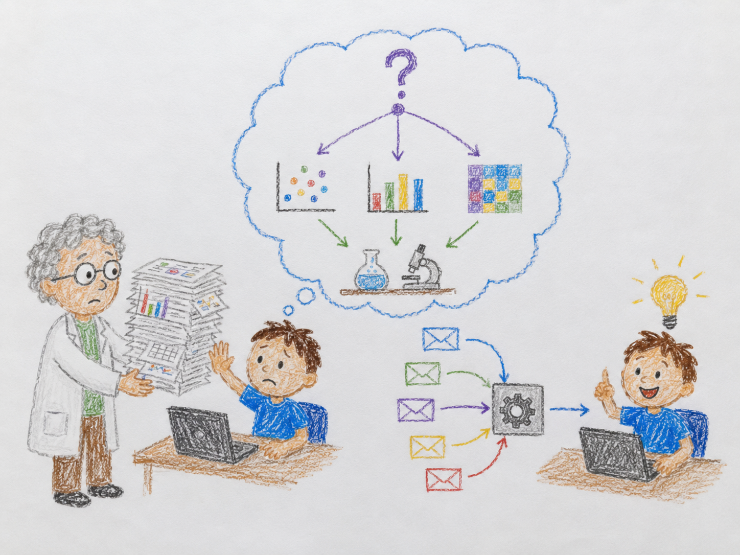 A biologist hands over a stack of reports while a researcher feeds spreadsheet after spreadsheet into a machine, all to answer a question whose answer changes nothing.