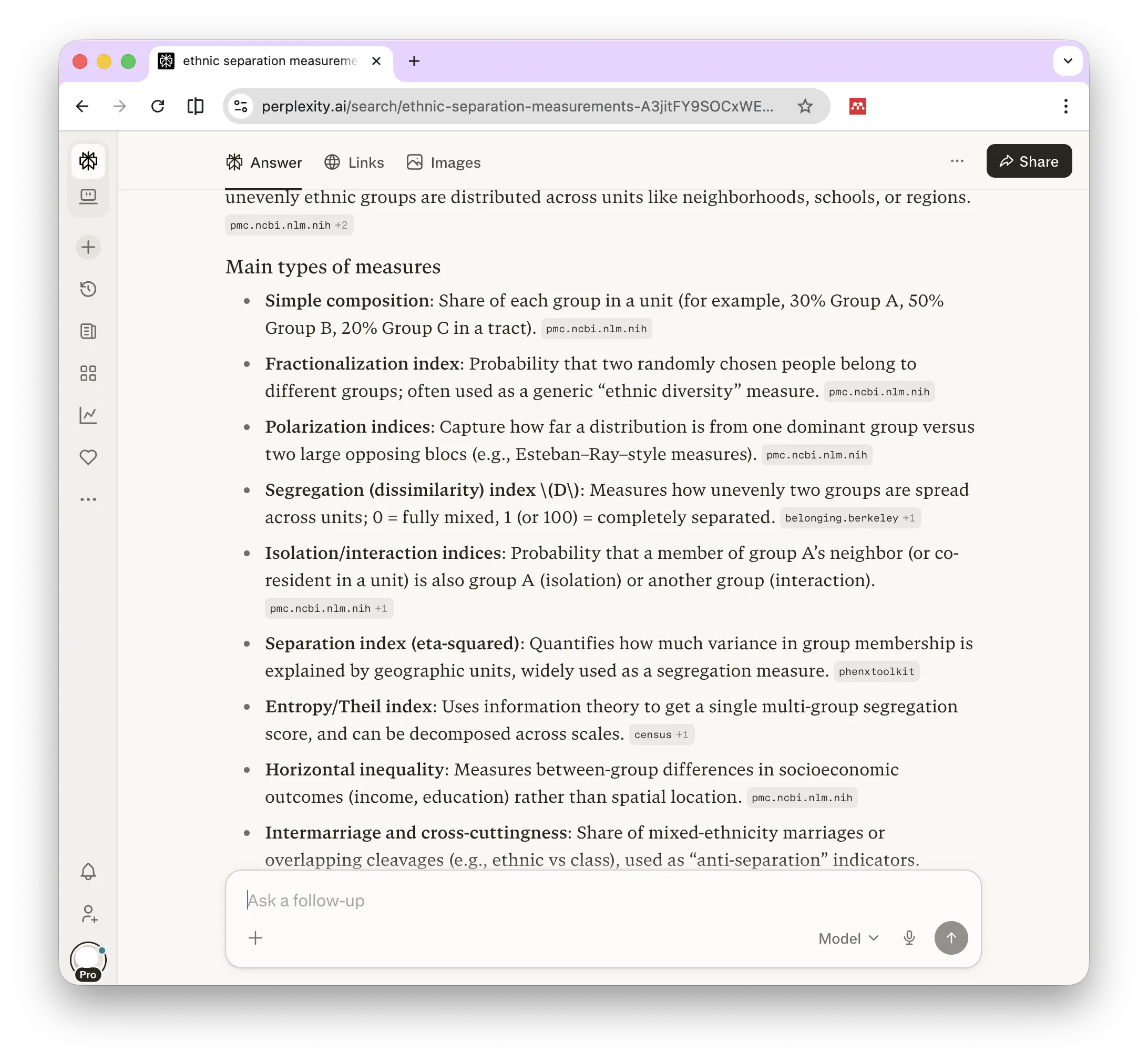 Perplexity AI answering a research question — the researcher's name isn't in the results