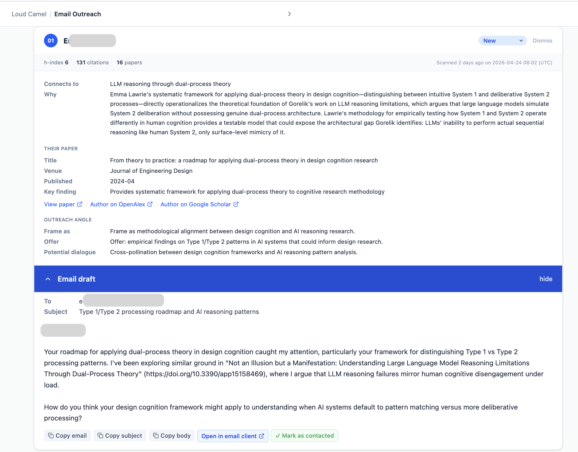 Loud Camel scholar recommendation — name, h-index, why-now reasoning, paper details, and an editable email draft
